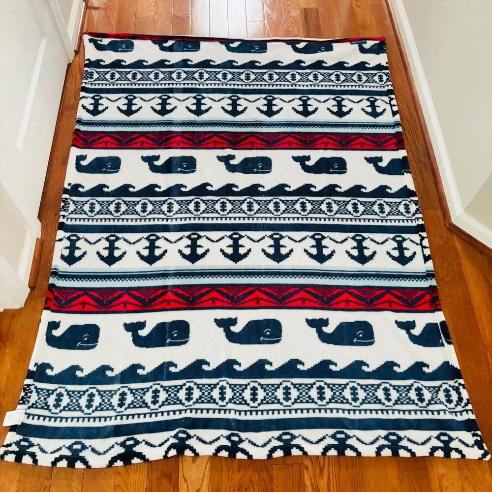 Vineyard Vines Plush Throw Blanket Whales Nautical Decor Waves Beachy 48 x 60